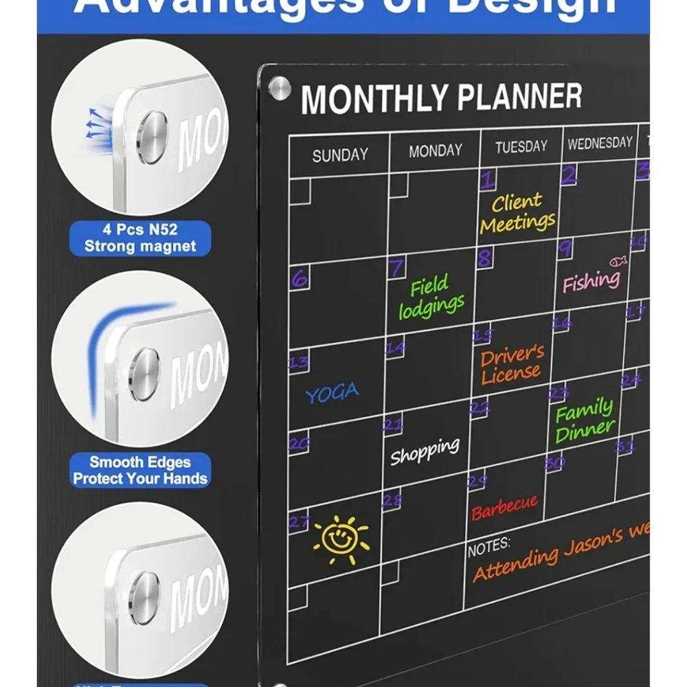 HBlife Clear Acrylic Magnetic Monthly Weekly Calendar and Memo Board for Fridge